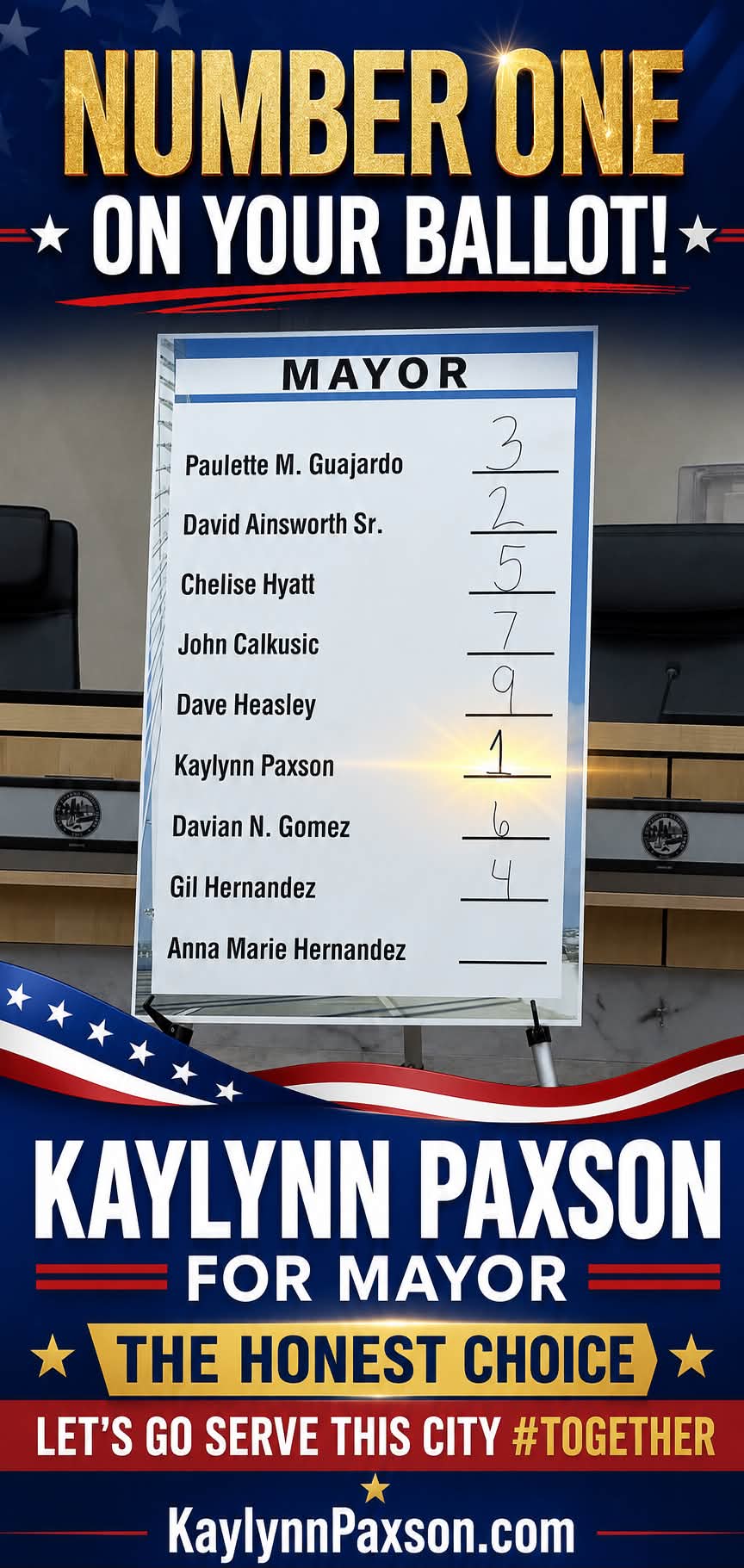 Campaign graphic reading "Number One on Your Ballot!" over the official mayoral ballot order board with Kaylynn Paxson in position 1 - Kaylynn Paxson for Mayor, The Honest Choice